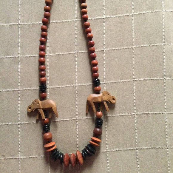 Women's long necklace, wood beads plastic beads wood elephants 30" - Picture 1 of 5